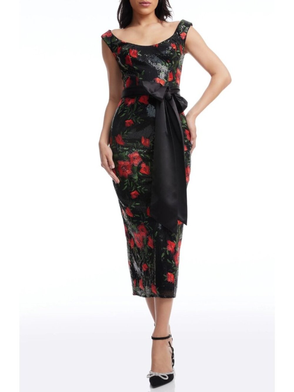 Dress the Population Dottie Women's Floral Jacquard Sequin Midi Dress Size XS